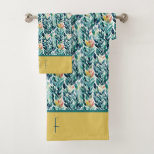 Conjunto De Toalhas Monograma Azul Verde Amarelo Folhas Padrão de Folh