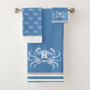 Conjunto De Toalhas Monograma Blue Watercolor Caranguejo Náutico Coste