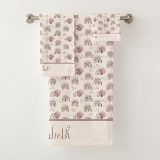 Conjunto De Toalhas Monograma Boho Arco-Íris Abstrato Bege Creme Rosa (Insitu)