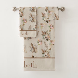 Conjunto De Toalhas Monograma Boho Bege Marrom Botânico Grama Floral