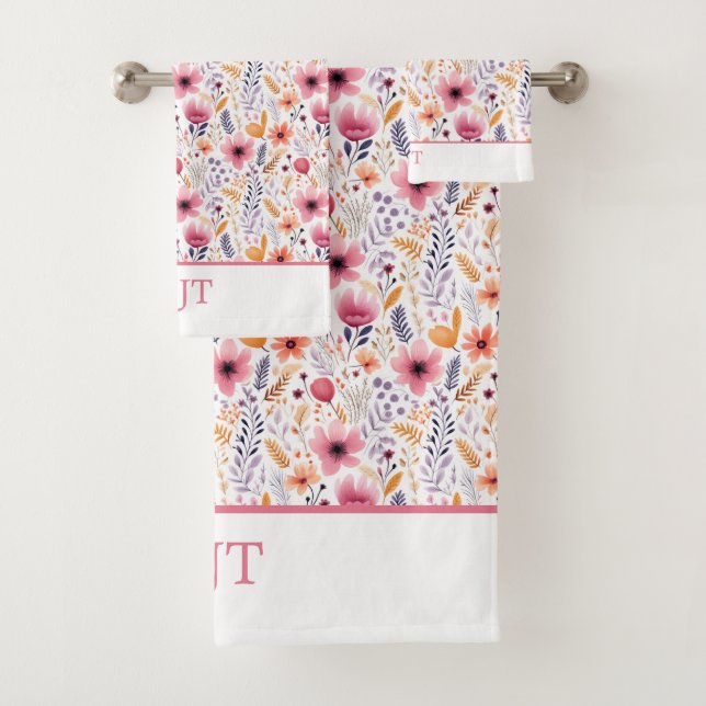 Conjunto De Toalhas Monograma Boho Flores Silvestres Rosa Roxo Laranja (Insitu)