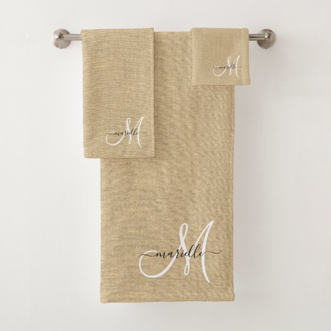 Conjunto De Toalhas Monograma Branco Faux Linen Straw Caramel (Insitu)