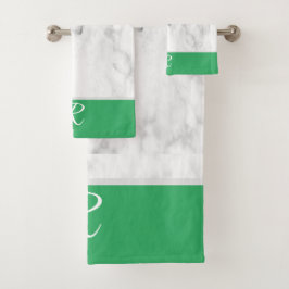 Conjunto De Toalhas Monograma Branco Marble e Verde Inicial