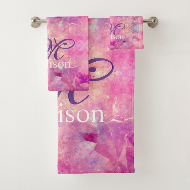 Conjunto De Toalhas Monograma branco quítico cor-de-rosa fuchsia ombre (Insitu)