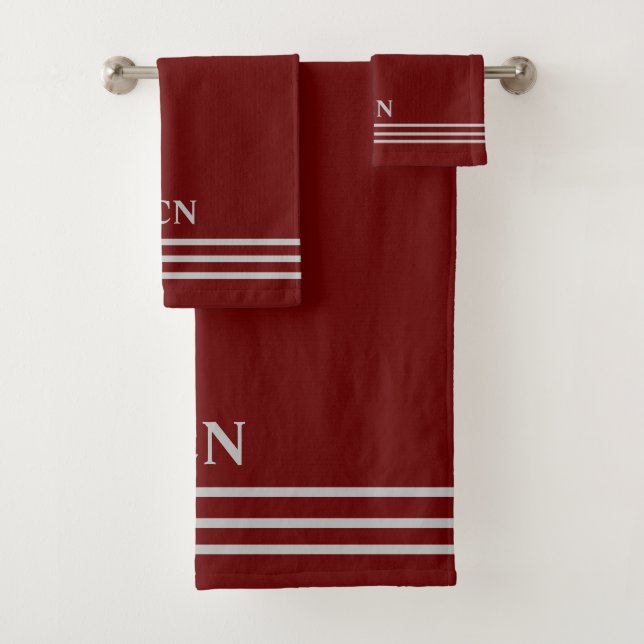 Conjunto De Toalhas Monograma Burgundy Vermelho Escuro Cinza Claro Lis (Insitu)