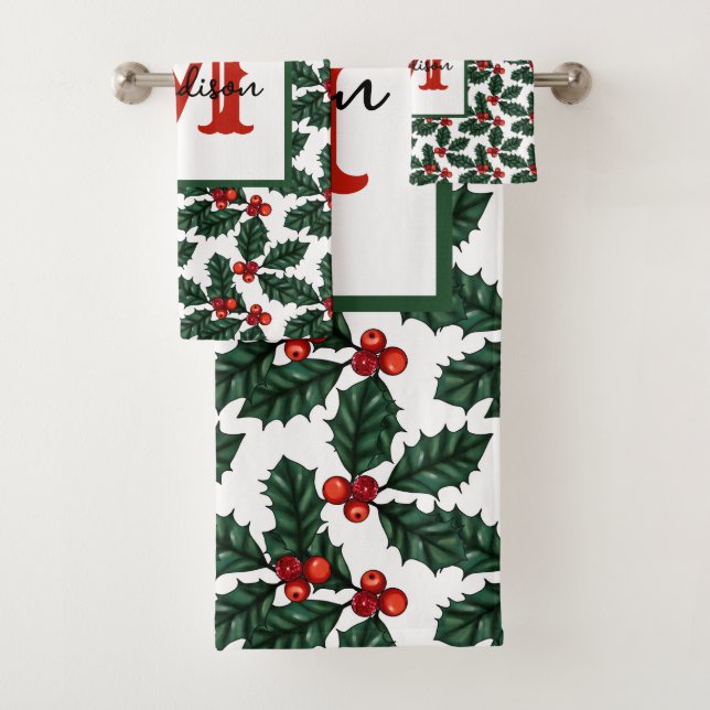 Conjunto De Toalhas Monograma Christmas Holly Berries (Insitu)