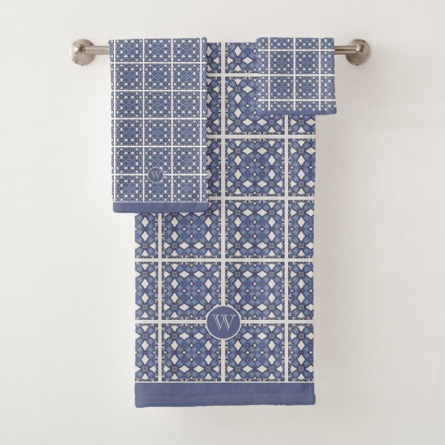 Conjunto De Toalhas Monograma Cinza azul inicial Azulejo mediterrânea (Insitu)