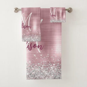 Conjunto De Toalhas Monograma cinzento de cintilação prateada com rosa