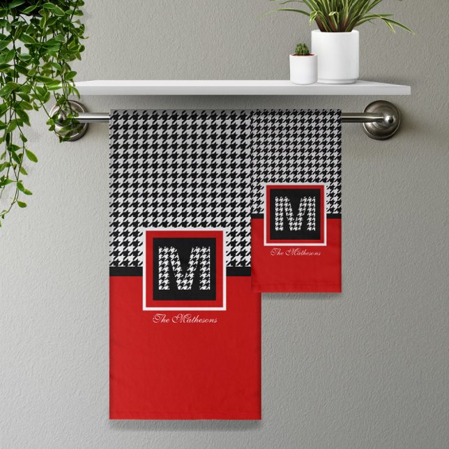 Conjunto De Toalhas Monograma Ⓜ Clássico de Buraco Branco Negro Vermel (Classic Houndstooth & Monogram | Red Black White Bath Towel Set -- Try Your Monogram On Screen Now!
)