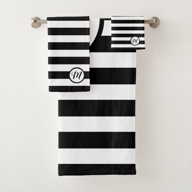 Conjunto De Toalhas Monograma Contemporâneo de Black White Stripes (Insitu)