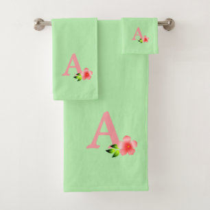Conjunto De Toalhas Monograma cor-de-rosa fofo com flor em verde-limão