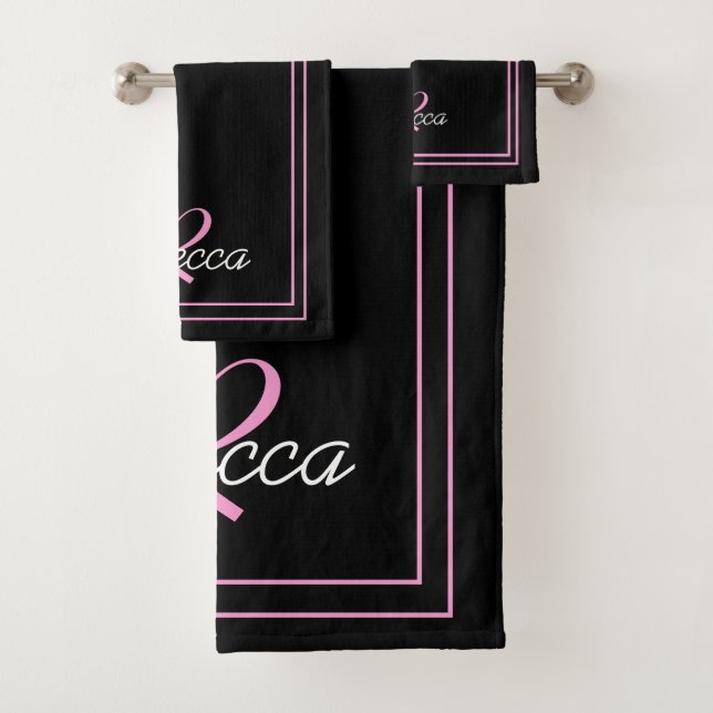 Conjunto De Toalhas Monograma Cor-de-rosa preto Elegante Nome inicial  (Insitu)