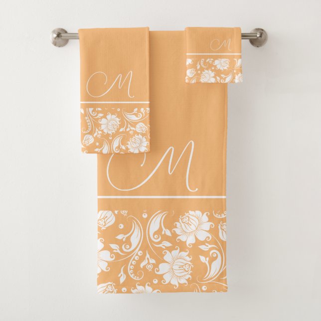 Conjunto De Toalhas Monograma das damascos de bege e de safra branca (Insitu)