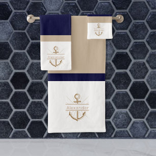 Conjunto De Toalhas Monograma de Âncora Branca de Khaki Marinho Azul