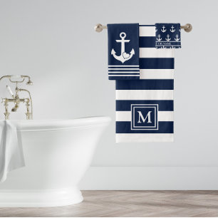Conjunto De Toalhas Monograma de Âncora do Coração do Marinho Branco N