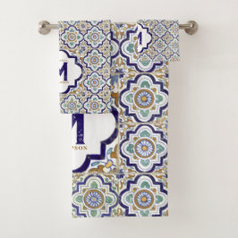 Conjunto De Toalhas Monograma de Azulejos Botânicos de Vintage