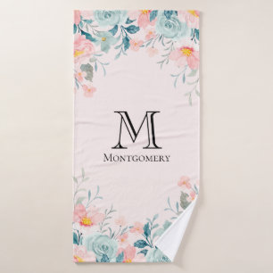 Conjunto De Toalhas Monograma de Borda Floral Rosa e Verde