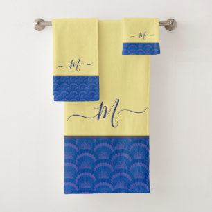 Conjunto De Toalhas Monograma de Caça Azul Costeira Amarelo Moderno