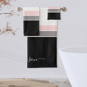 Conjunto De Toalhas Monograma de Cinzas Pretas de Stripe Moderno