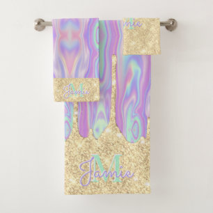 Conjunto De Toalhas Monograma de Coleta Dourada Metálica e Iridescent