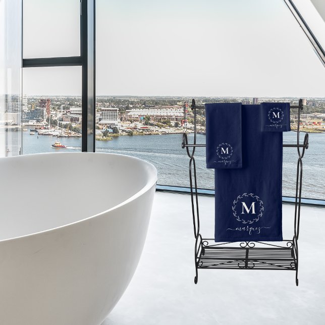 Conjunto De Toalhas Monograma de cupão branco azul-Marinho Elegante (Criador carregado)