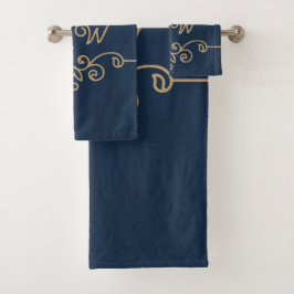 Conjunto De Toalhas Monograma de Floreio Elegante Azul-Elegante Dourad