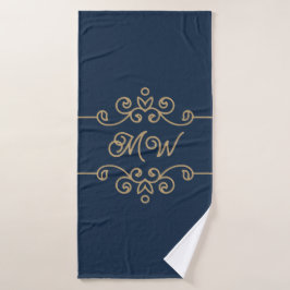 Conjunto De Toalhas Monograma de Floreio Elegante Azul-Elegante Dourad