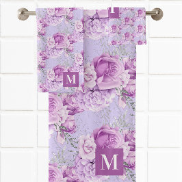 Conjunto De Toalhas Monograma de flores de rosas violetas rosa