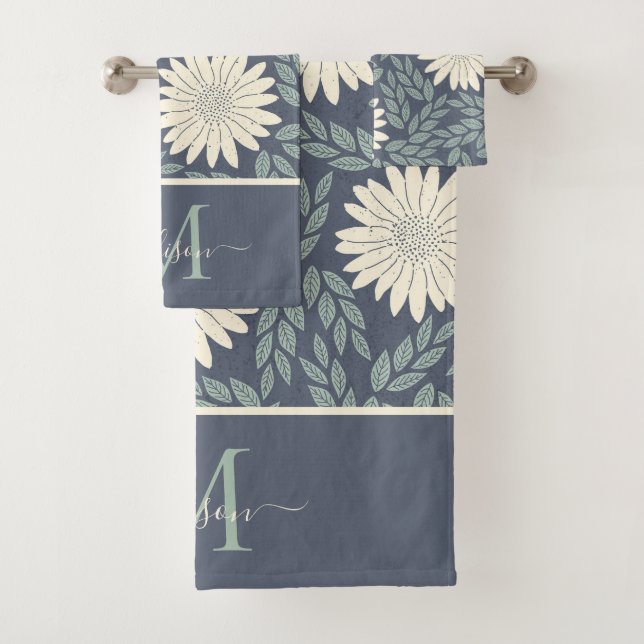 Conjunto De Toalhas Monograma de Folhagem Marinho Floral Azul Verde Br (Insitu)