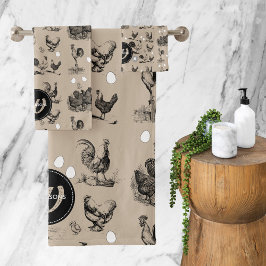 Conjunto De Toalhas Monograma de Galinha de Galinha do País de Vintage