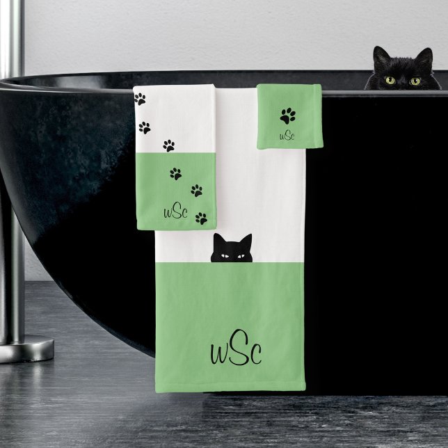 Conjunto De Toalhas Monograma de Gato Sneaky Verde (Criador carregado)