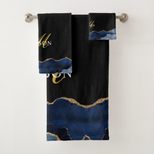 Conjunto De Toalhas Monograma de Geodo de Agitação Azul-Dourada com