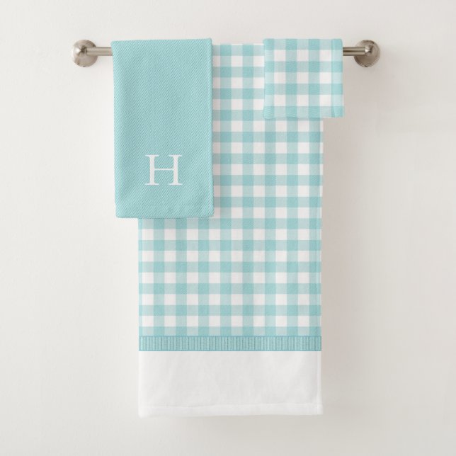 Conjunto de Toalhas Monograma de Gingham Azul Aqua (Insitu)