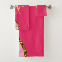 Monograma de Glitter de Geodo de Agato Rosa e Dour
