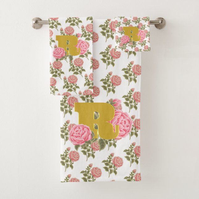 Conjunto De Toalhas Monograma de Letra Inicial Rosa Floral Nome do Cas (Insitu)