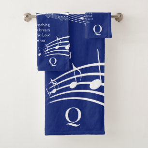 Conjunto De Toalhas Monograma de Notas de Música Azul Elegante