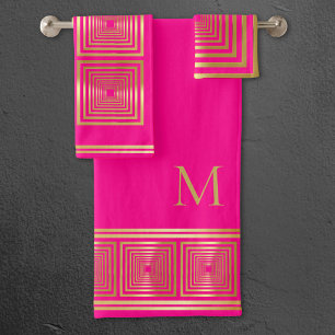 Conjunto De Toalhas Monograma de ouro, cor-de-rosa-quente, com néon lu