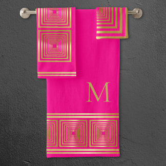 Conjunto De Toalhas Monograma de ouro, cor-de-rosa-quente, com néon lu