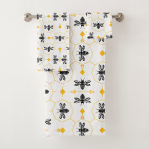 Conjunto De Toalhas Monograma de padrão de abelhas preto e amarelo mod