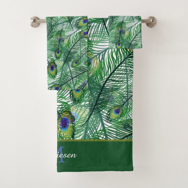 Conjunto De Toalhas Monograma de Penas de Peacock abstrato (Insitu)