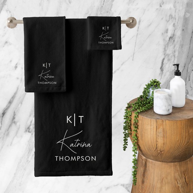Conjunto De Toalhas Monograma de Script de Assinatura Moderna Preto (Criador carregado)