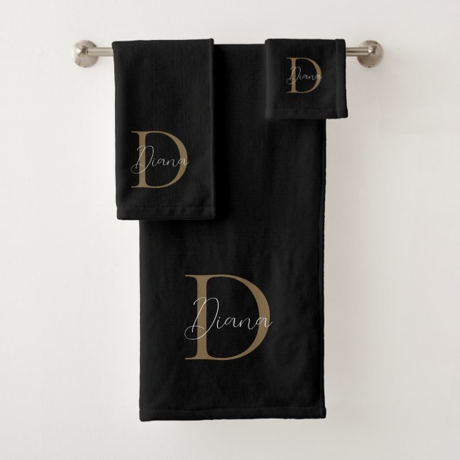Conjunto De Toalhas Monograma de Script Dourado e Preto Elegante (Insitu)
