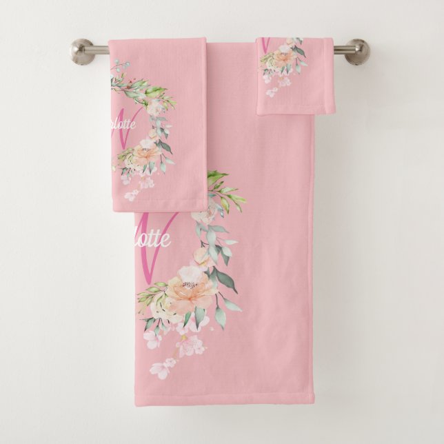 Conjunto De Toalhas Monograma de Script Rosa Floral de Rosas Elegante (Insitu)