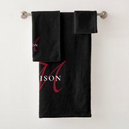 Conjunto De Toalhas Monograma de Script Vermelho Preto Moderno Elegant