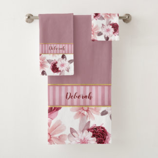 Conjunto De Toalhas Monograma do Elegante - Risca Floral Rosa-Borgonha