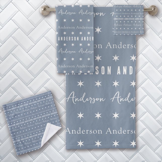 Conjunto De Toalhas Monograma do Nome da Família de Repetição Azul (Criador carregado)