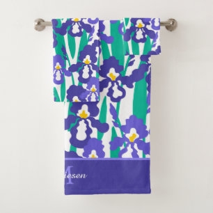 Conjunto De Toalhas Monograma do Padrão Floral Abstrato Iris Azul