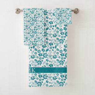 Conjunto De Toalhas Monograma do Padrão Floral Azul Turquoise bonito