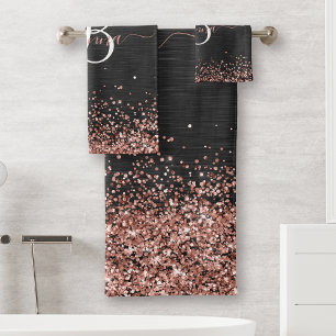 Conjunto De Toalhas Monograma do Sparkle preto com brilho Dourado com