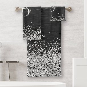 Conjunto De Toalhas Monograma do Sparkle Preto com Glitter de Prata Pe
